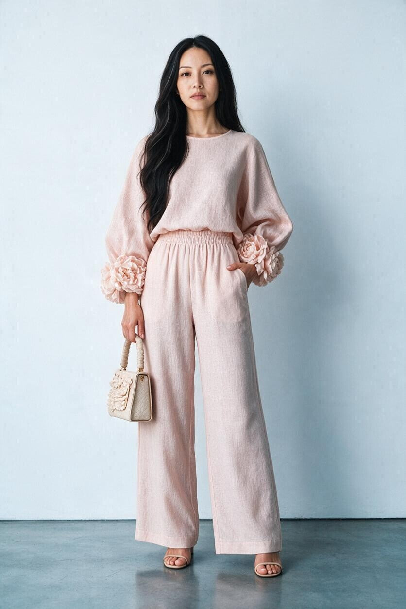 Ensemble Maille Poignets Fleuris & Pantalon Large