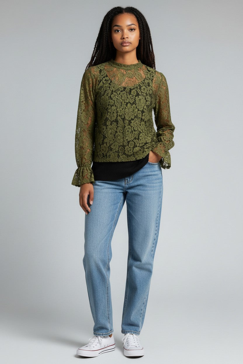 Blouse Dentelle Ajourée Amondar, coloris Vert, vue 4