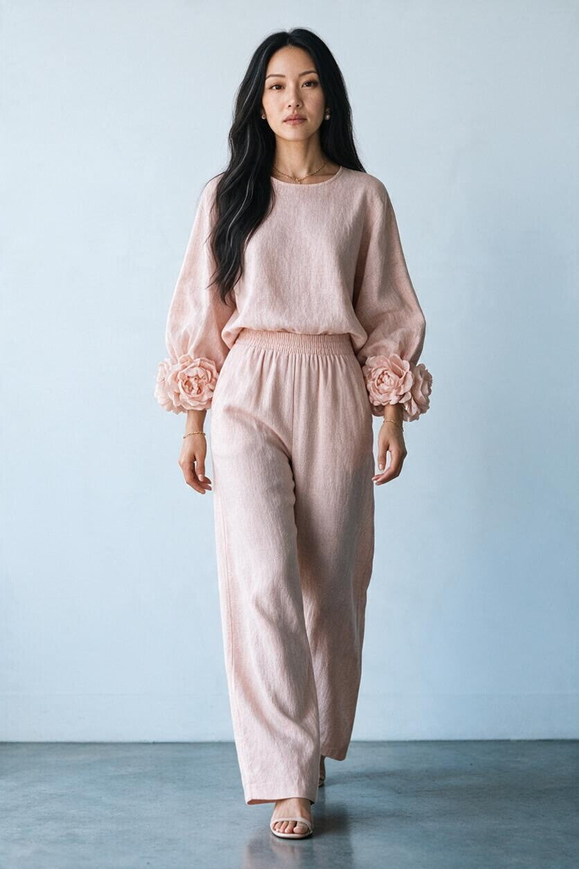 Ensemble Maille Poignets Fleuris & Pantalon Large