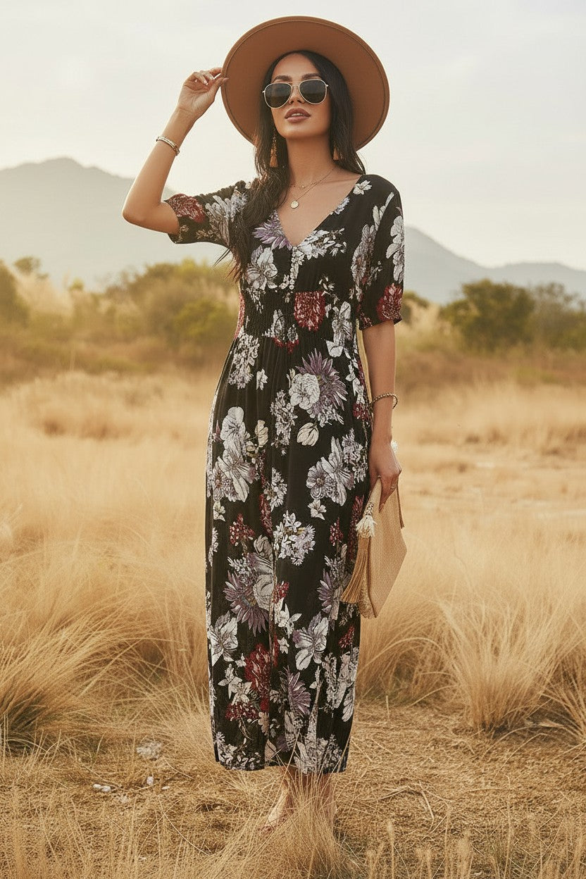 Robe Fleurie Col V Amondar, coloris Noir, vue 1