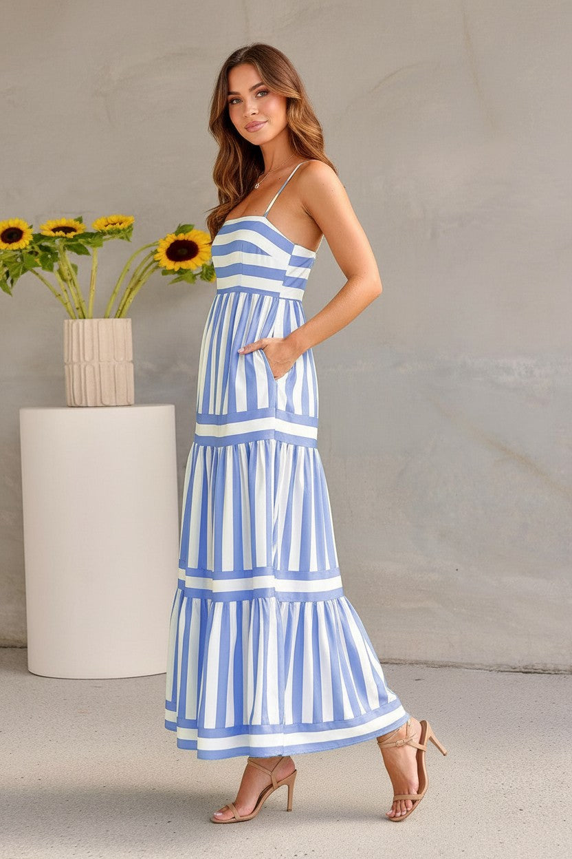 Robe Longue à Bretelles Rayée Amondar, coloris Bleu, vue 2