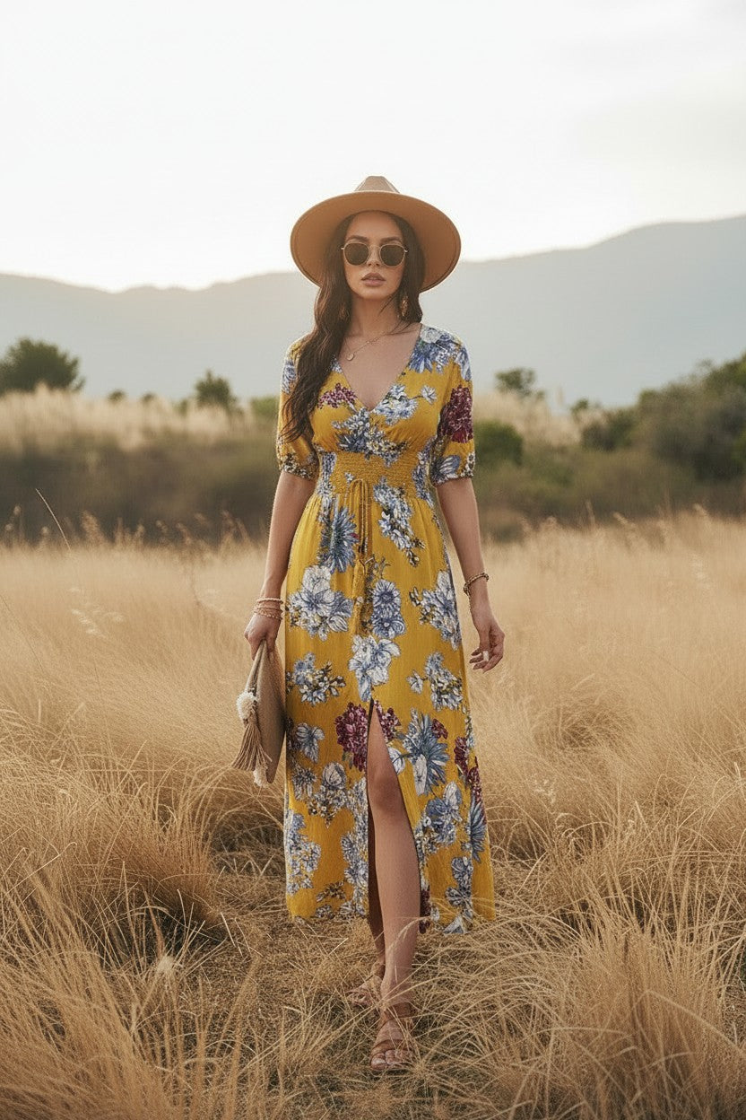 Robe Fleurie Col V Amondar, coloris Jaune, vue 1
