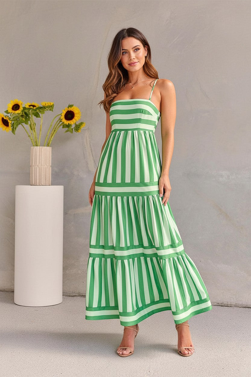 Robe Longue à Bretelles Rayée Amondar, coloris Vert, vue 1