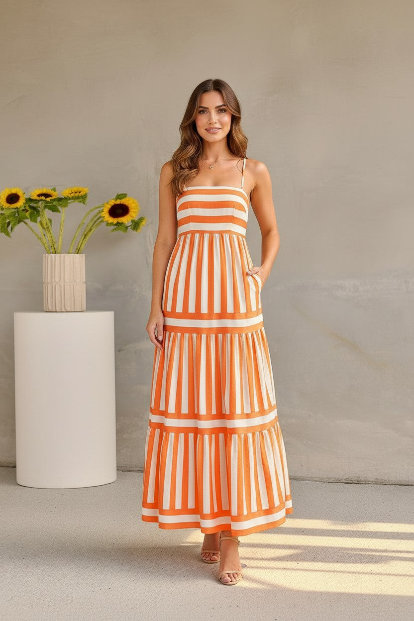 Robe Longue à Bretelles Rayée Amondar, coloris Orange, vue 1