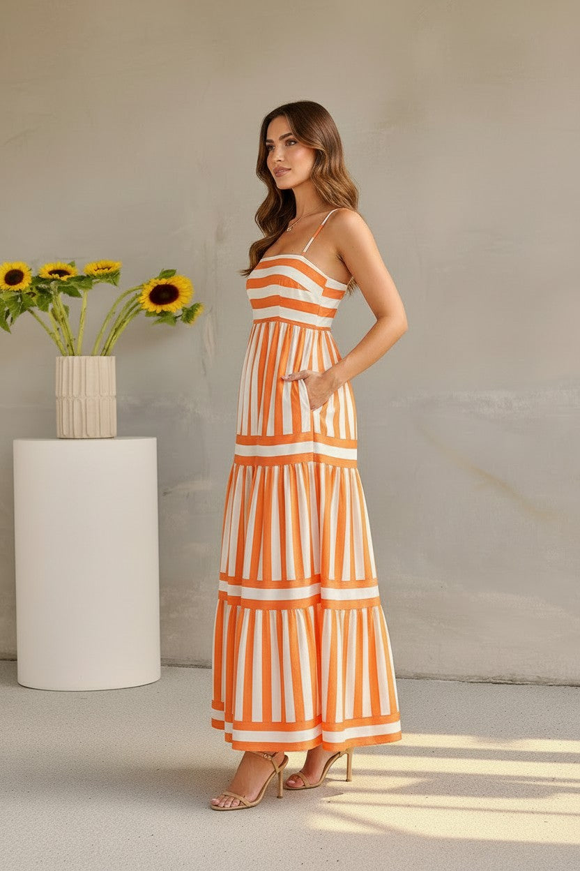 Robe Longue à Bretelles Rayée Amondar, coloris Orange, vue 3
