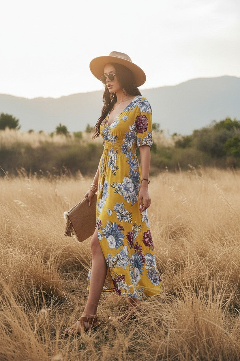 Robe Fleurie Col V Amondar, coloris Jaune, vue 2