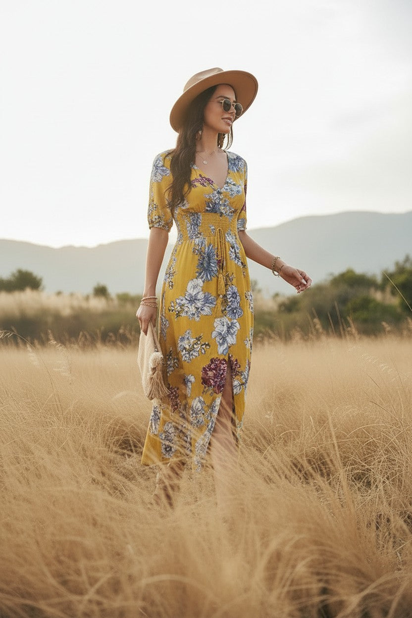 Robe Fleurie Col V Amondar, coloris Jaune, vue 3