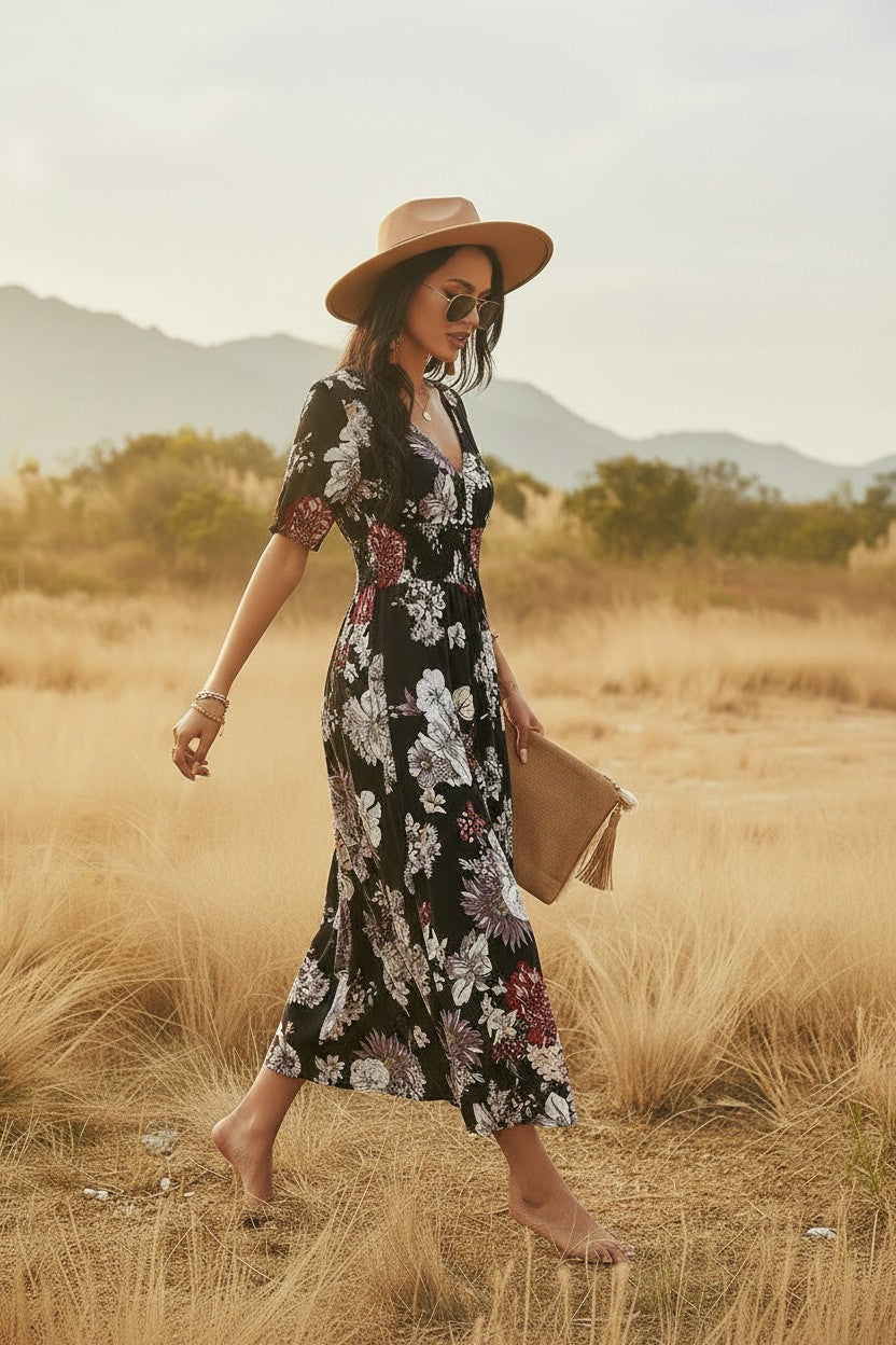 Robe Fleurie Col V Amondar, coloris Noir, vue 3