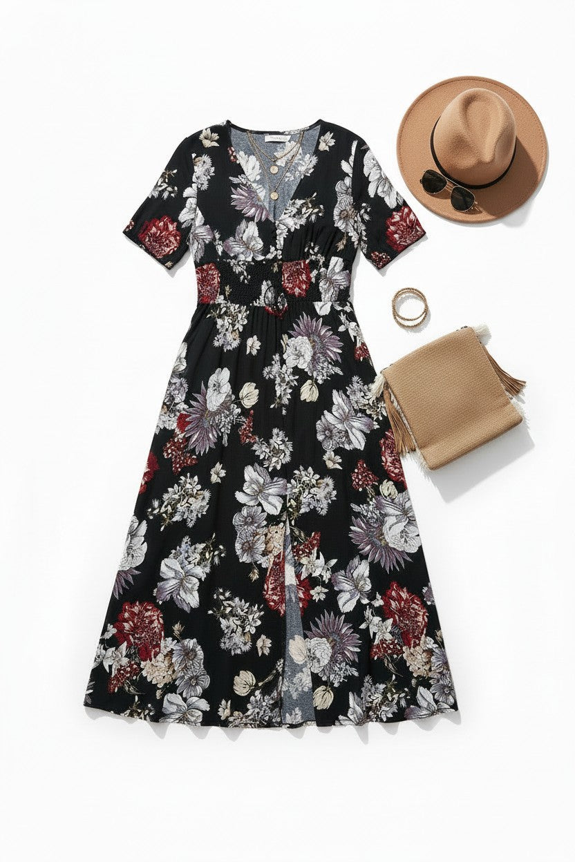 Robe Fleurie Col V Amondar, coloris Noir, vue 4