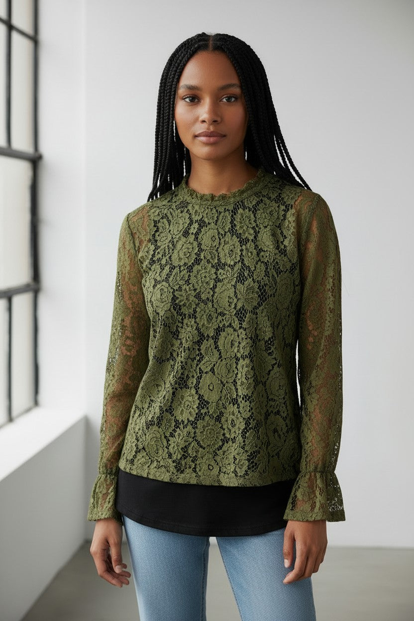 Blouse Dentelle Ajourée Amondar, coloris Vert, vue 1