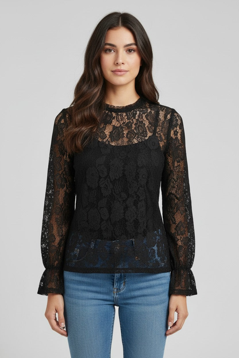 Blouse Dentelle Ajourée Amondar, coloris Noir, vue 1