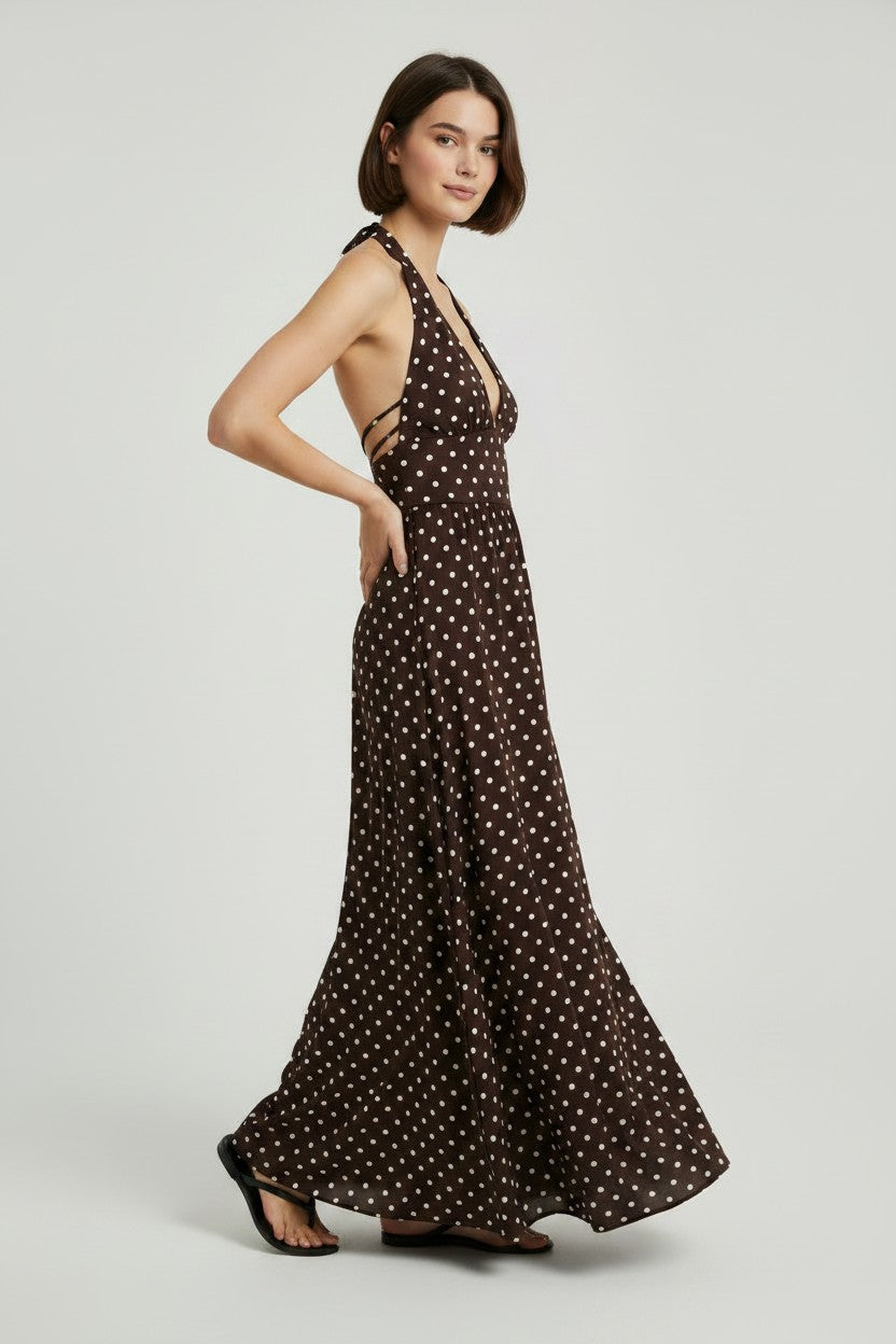 Robe Longue Col Halter Élégante Amondar, coloris Marron, vue 3