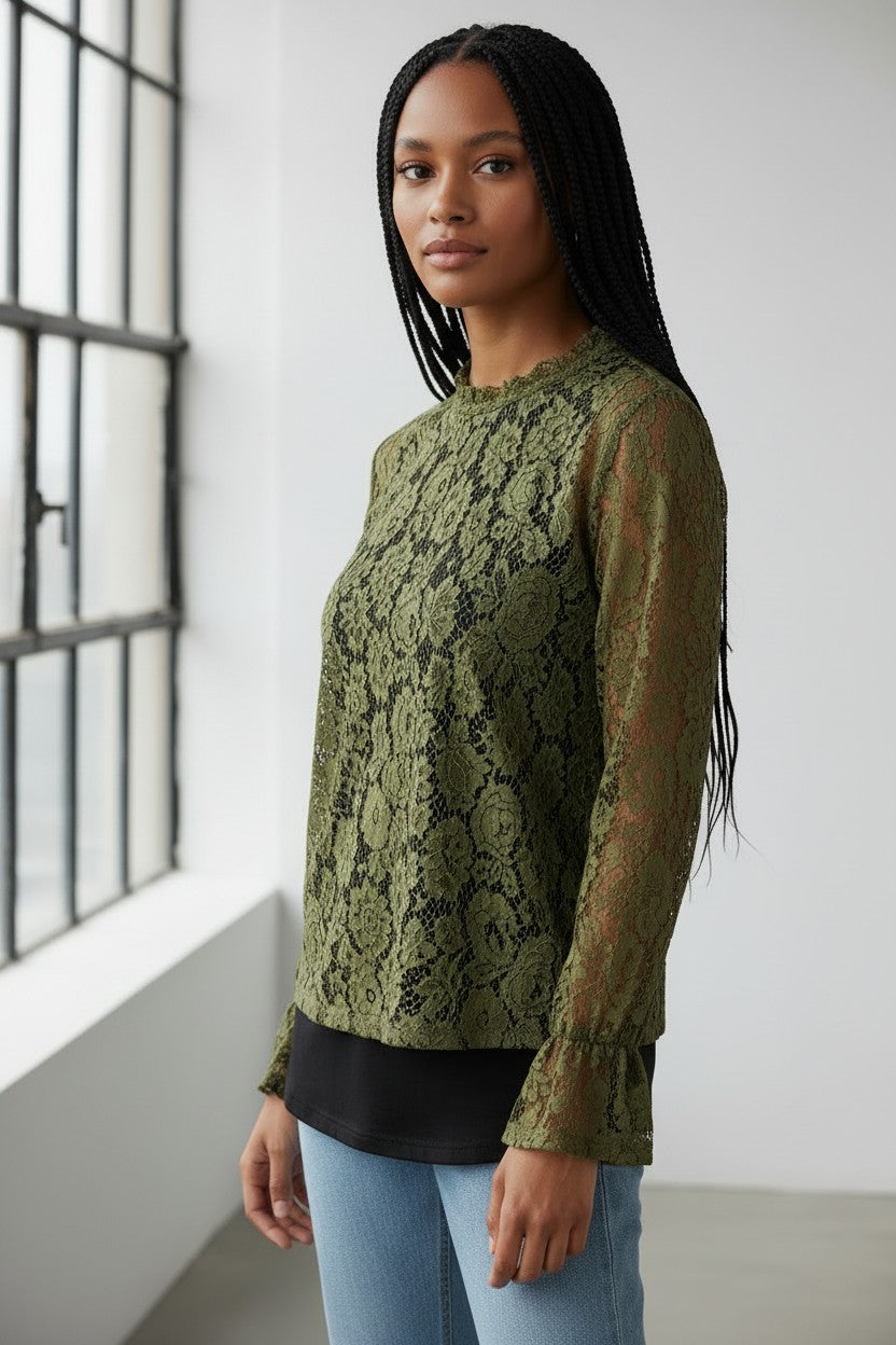 Blouse Dentelle Ajourée Amondar, coloris Vert, vue 3