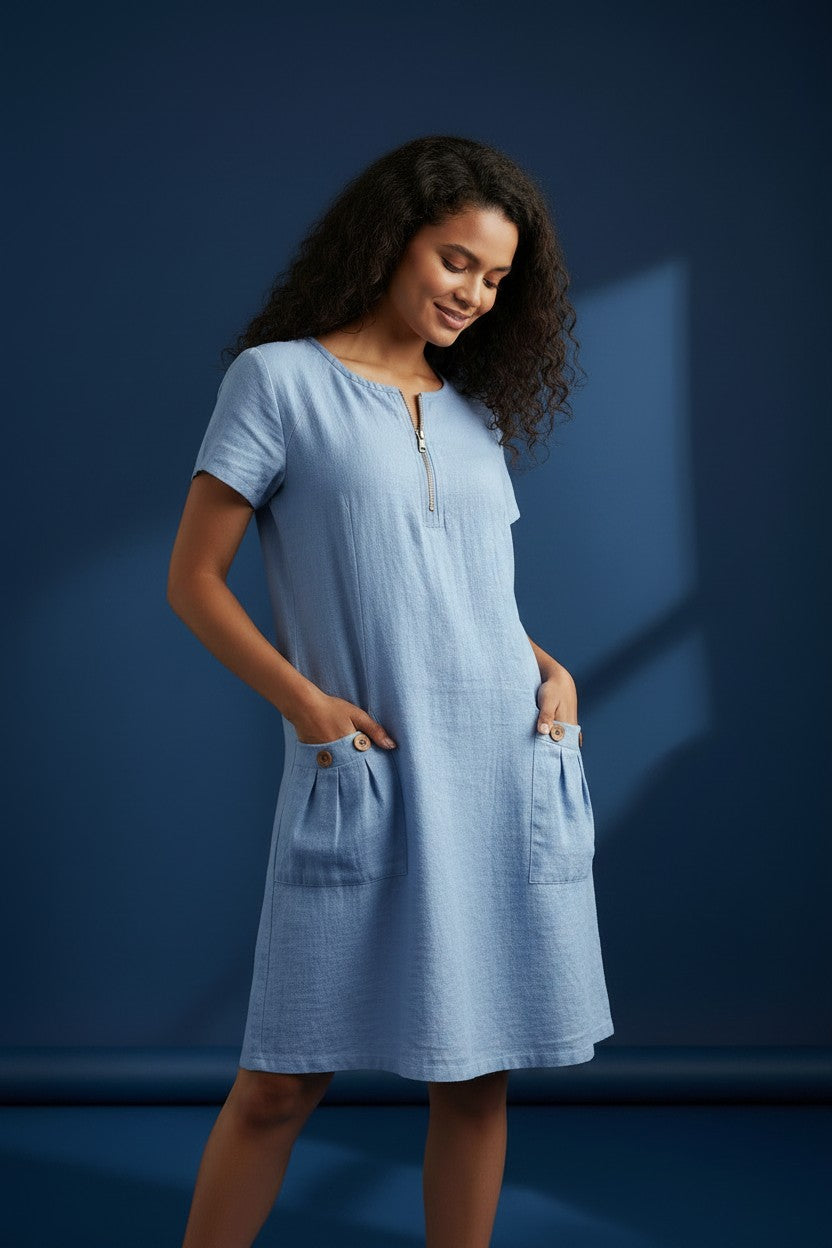 Robe Poches Boutonnées Amondar, coloris Bleu Ciel, vue 3