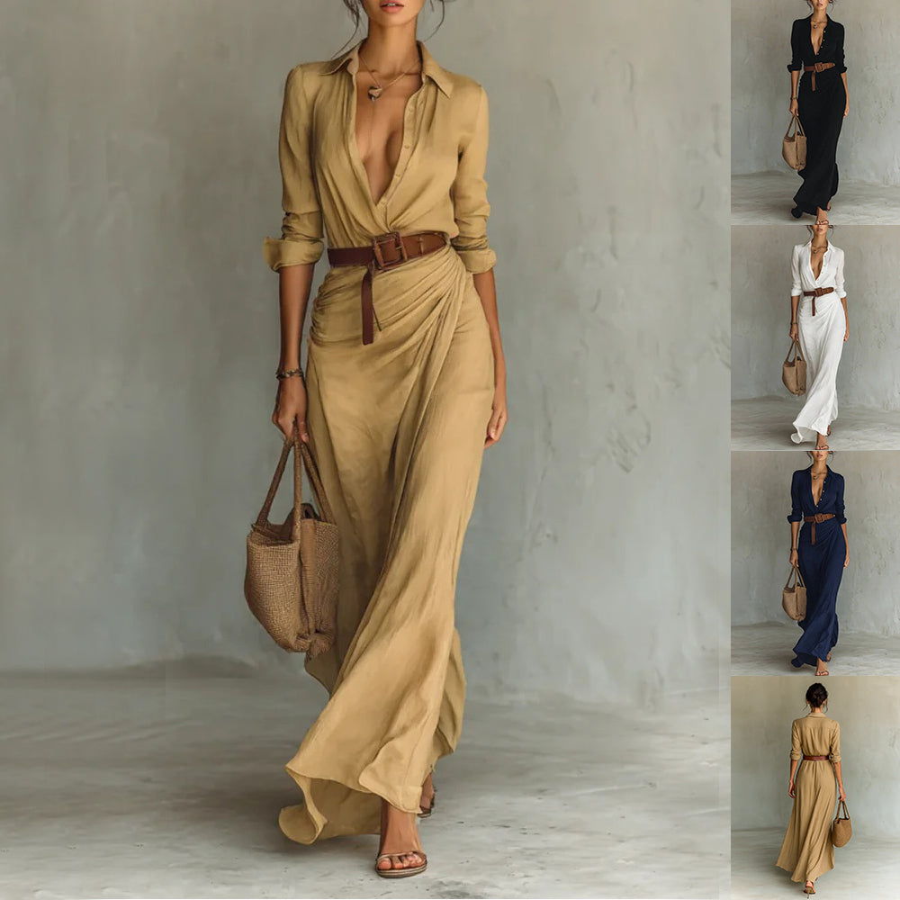 Robe chemisier longue Amondar beige fluide avec ceinture, col chemisier, manches longues et coupe cache-cœur élégante