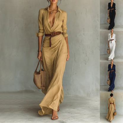 Robe chemisier longue Amondar beige fluide avec ceinture, col chemisier, manches longues et coupe cache-cœur élégante