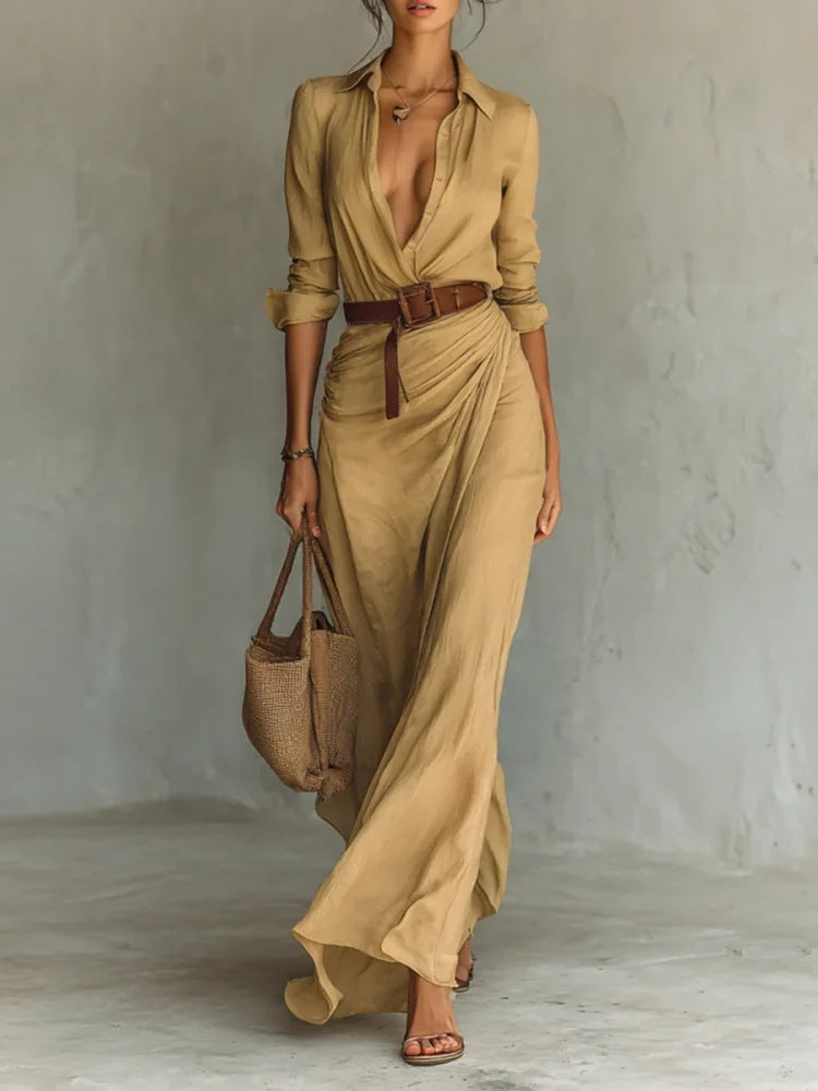 Robe longue Amondar beige fluide style chemisier avec ceinture marron, col ouvert et manches longues