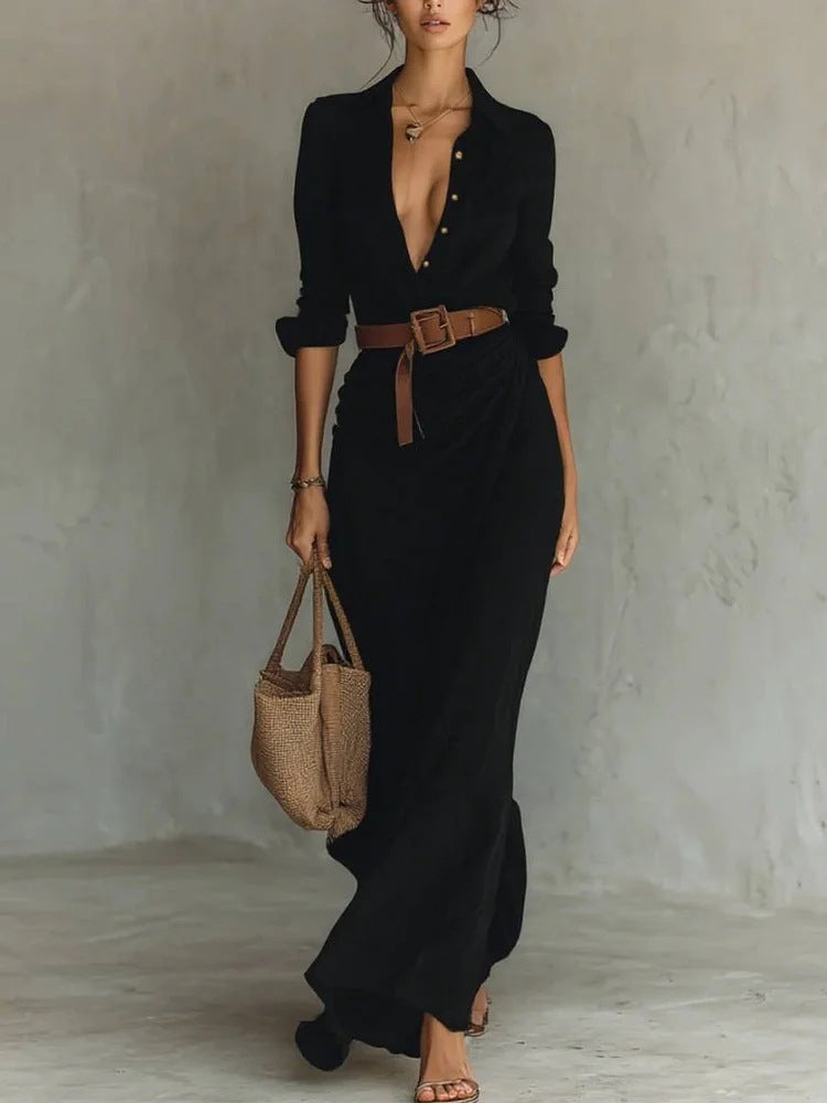 Robe chemisier longue noire Amondar fluide avec ceinture marron, col chemisier et fermeture boutonnée