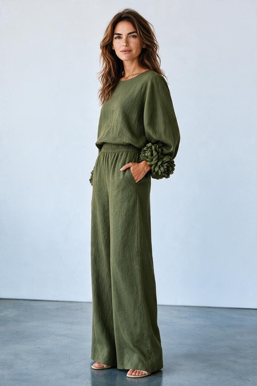 Ensemble maille poignets fleuris et pantalon large Amondar, coloris Vert Kaki, vue 4