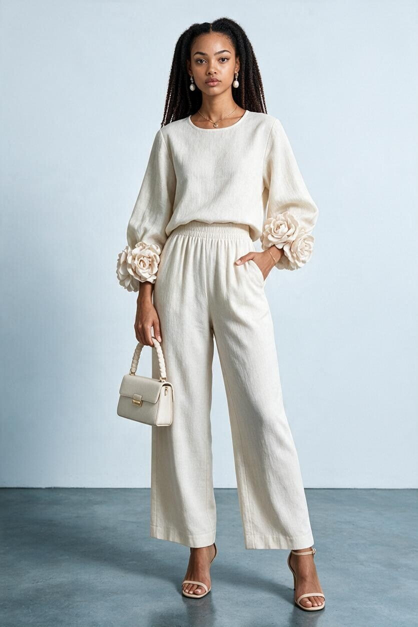 Ensemble maille poignets fleuris et pantalon large Amondar, coloris Blanc Crème, vue 4