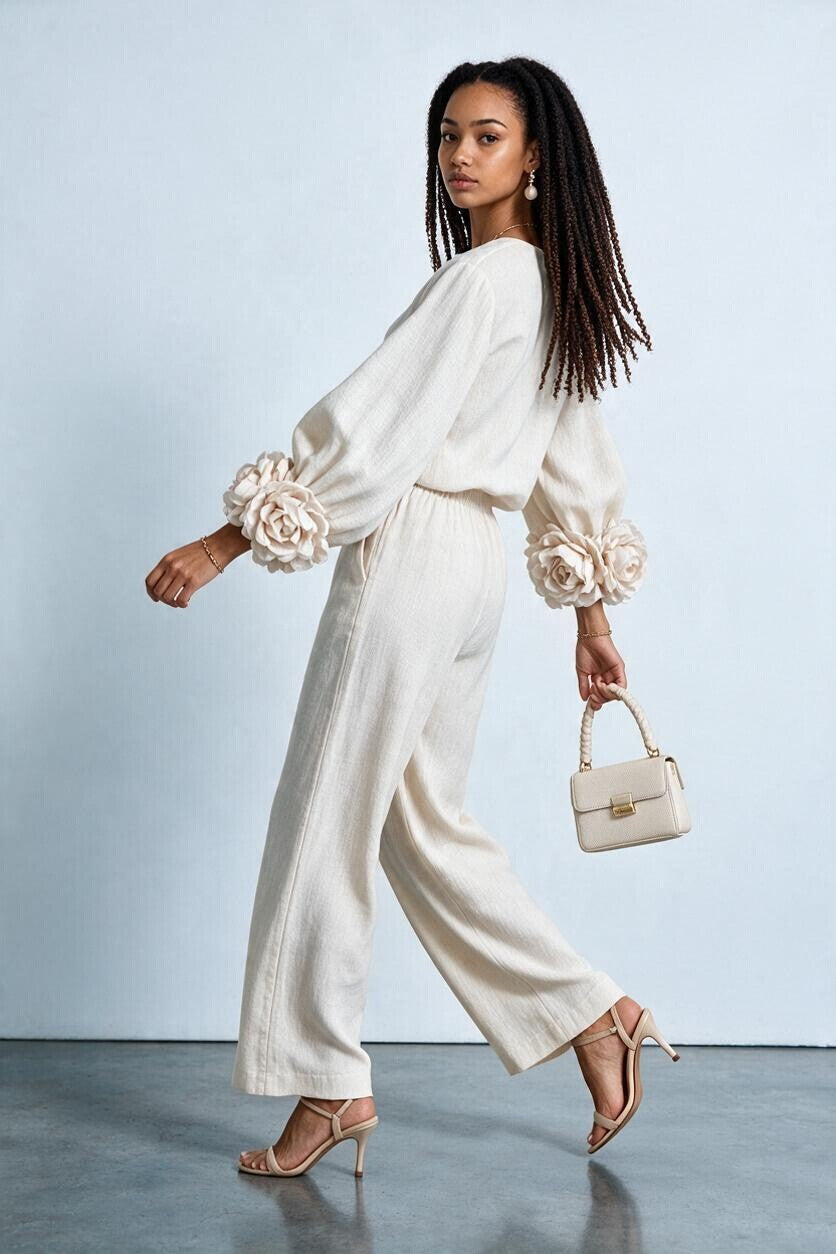 Ensemble maille poignets fleuris et pantalon large Amondar, coloris Blanc Crème, vue 3