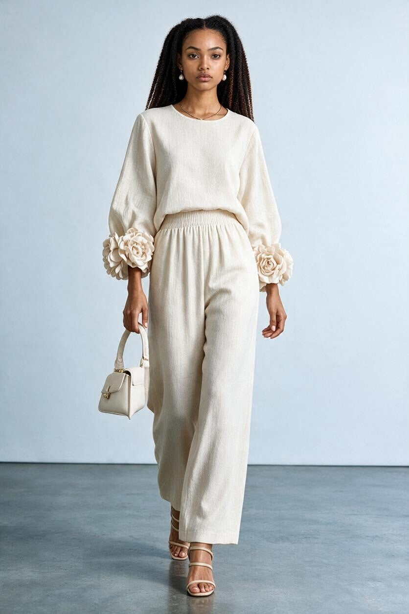 Ensemble maille poignets fleuris et pantalon large Amondar, coloris Blanc Crème, vue 2