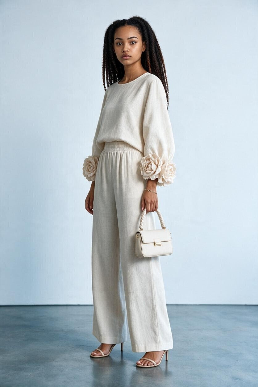 Ensemble maille poignets fleuris et pantalon large Amondar, coloris Blanc Crème, vue 1