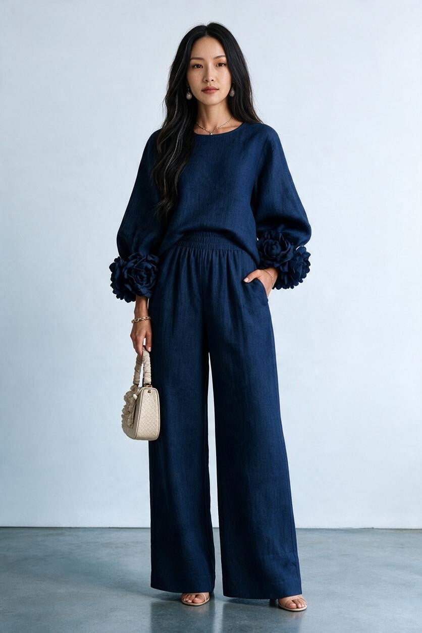 Ensemble maille poignets fleuris et pantalon large Amondar, coloris Bleu Marine, vue 3