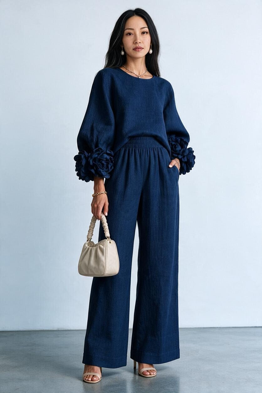 Ensemble maille poignets fleuris et pantalon large Amondar, coloris Bleu Marine, vue 2