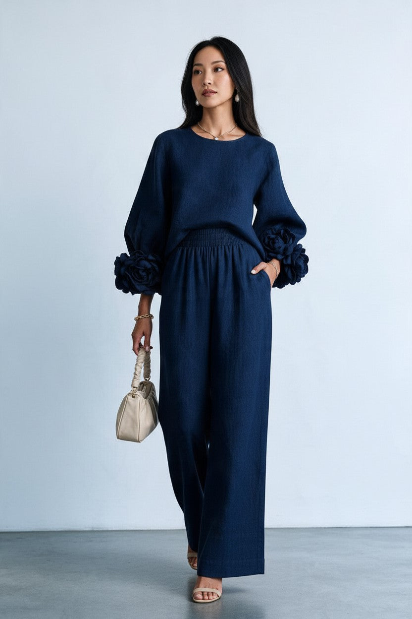 Ensemble maille poignets fleuris et pantalon large Amondar, coloris Bleu Marine, vue 1