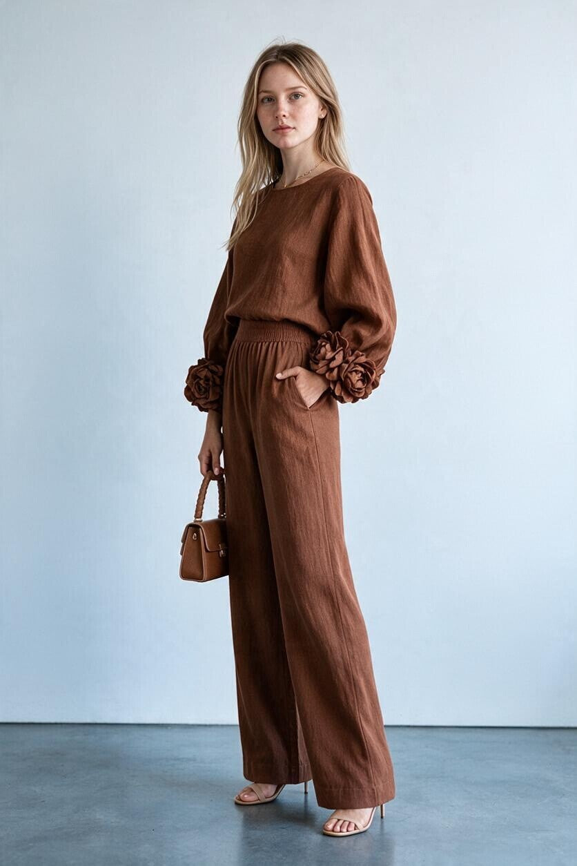 Ensemble maille poignets fleuris et pantalon large Amondar, coloris Marron Foncé, vue 2