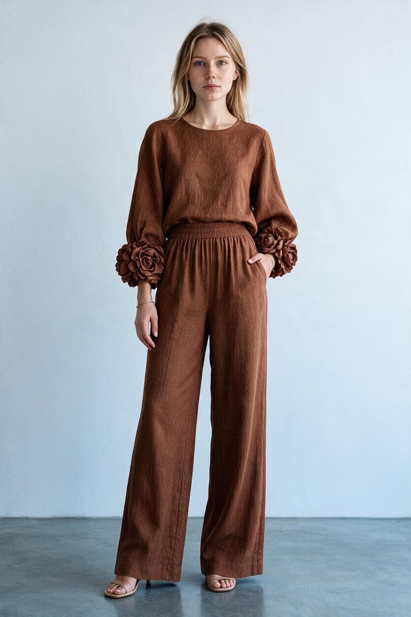 Ensemble maille poignets fleuris et pantalon large Amondar, coloris Marron Foncé, vue 1