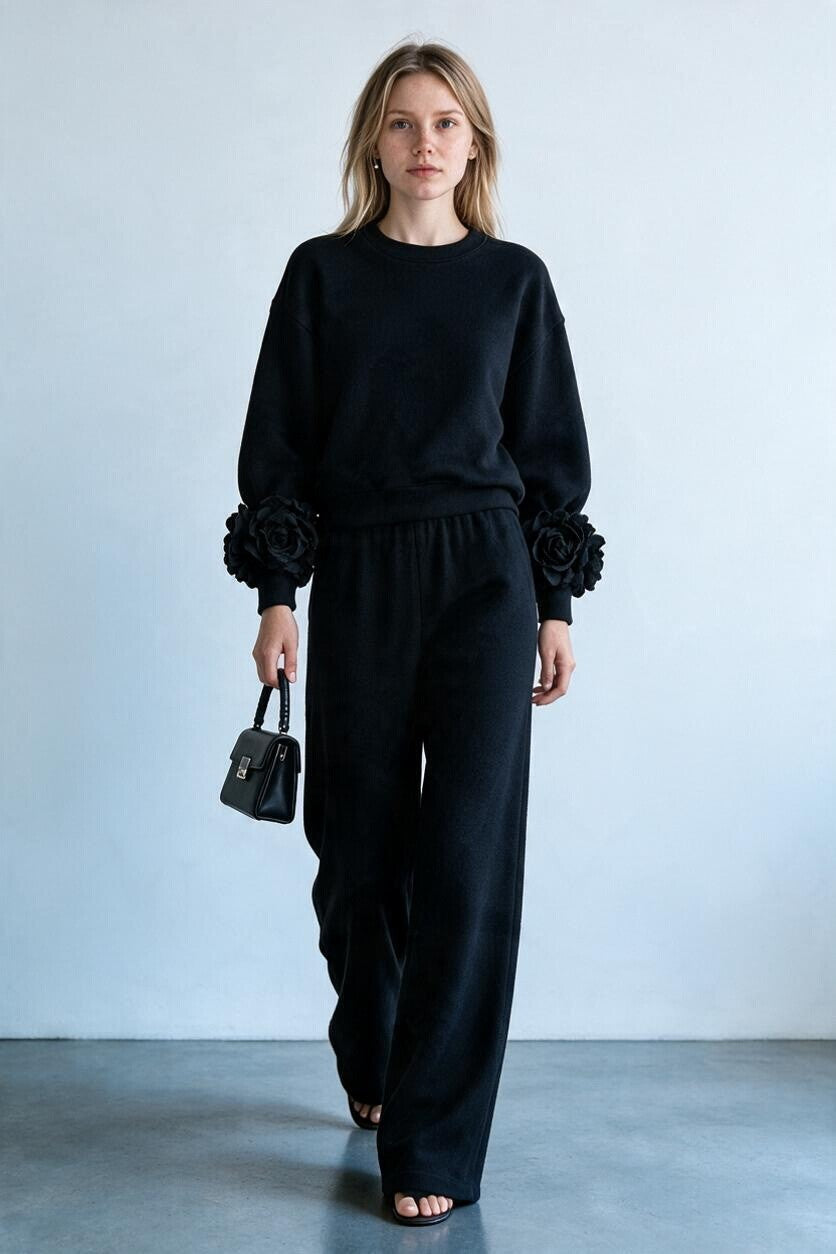 Ensemble maille poignets fleuris et pantalon large Amondar, coloris Noir, vue 4