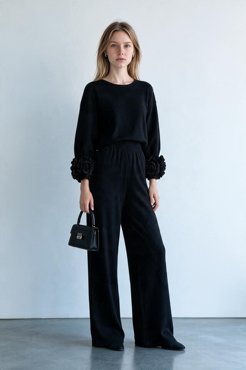 Ensemble maille poignets fleuris et pantalon large Amondar, coloris Noir, vue 3
