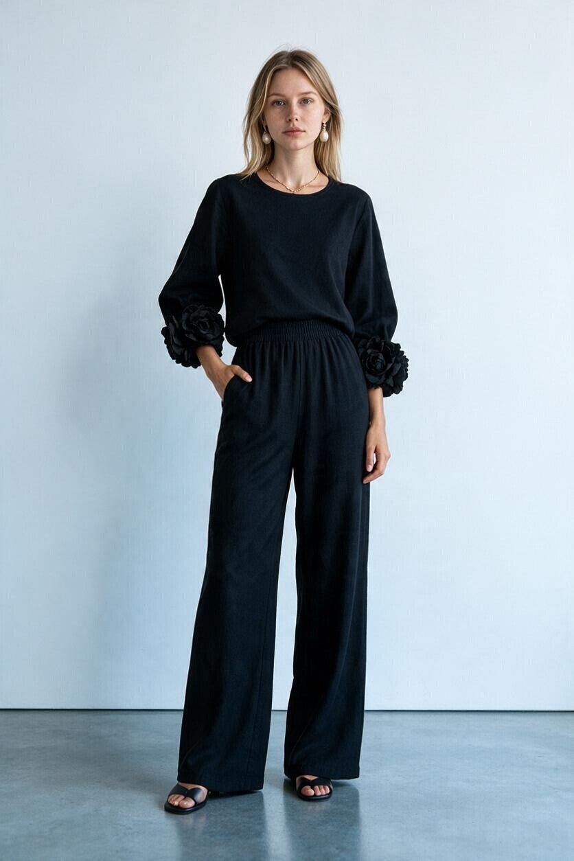 Ensemble maille poignets fleuris et pantalon large Amondar, coloris Noir, vue 2