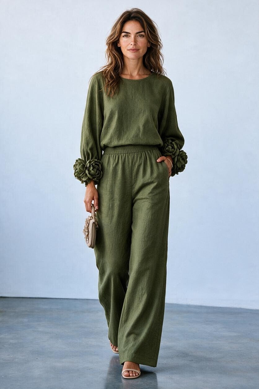 Ensemble maille poignets fleuris et pantalon large Amondar, coloris Vert Kaki, vue 3