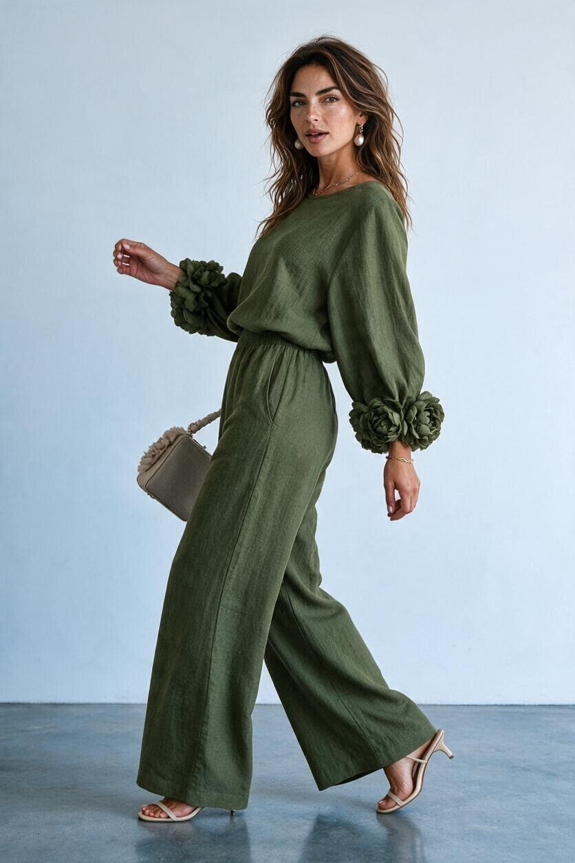 Ensemble maille poignets fleuris et pantalon large Amondar, coloris Vert Kaki, vue 2