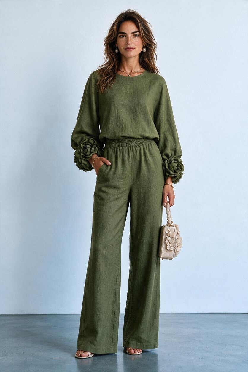 Ensemble maille poignets fleuris et pantalon large Amondar, coloris Vert Kaki, vue 1